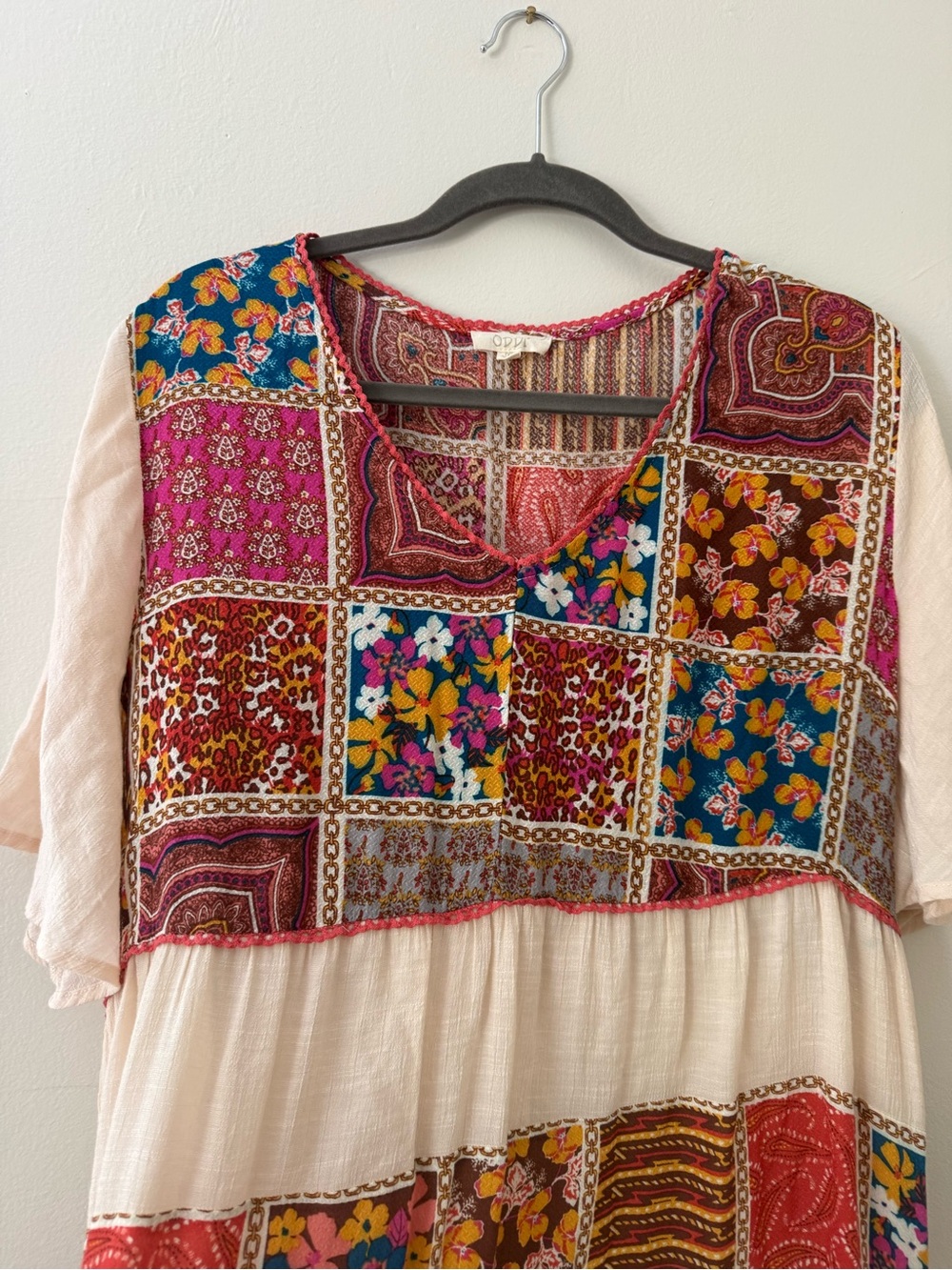 Patchwork Boho Mini Swing Dress Floral Cream Flutter Sleeve Size 1XL - Picture 3 of 9